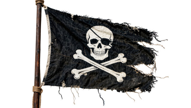 Tattered black pirate flag with skull and crossbones, isolated on transparent background