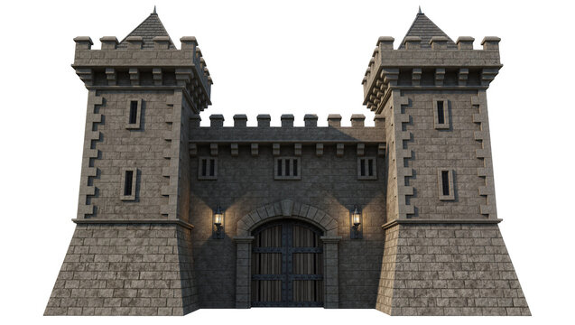 Massive stone castle gatehouse with two towers and wooden doors, isolated on transparent background