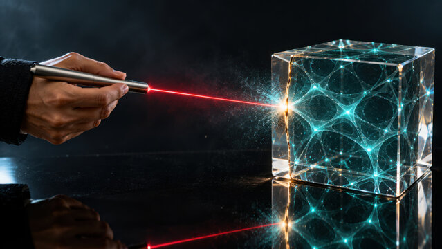 Hand holding laser pointer emits red beam toward glowing transparent cube with blue network patterns symbolizing ai governance and guardrails