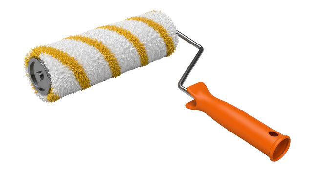 Fluffy white and yellow striped paint roller with orange handle, isolated on transparent background
