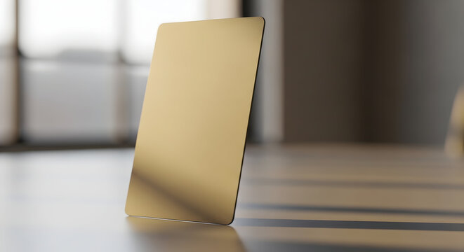 Reflective Gold Surface on a Table in a Modern Interior Space with Soft Natural Light Creating a Minimalist Atmosphere
