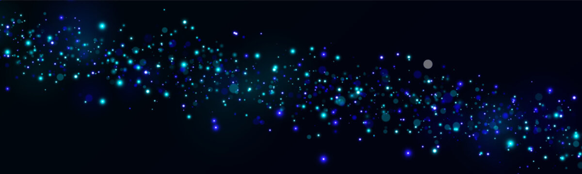 A flowing trail of luminous blue and cyan particles sparkles against a deep black background. The light dots vary in size and intensity, creating a dynamic, soft glow effect.