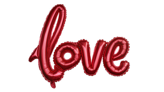 Shiny red metallic script love balloons, isolated on transparent background