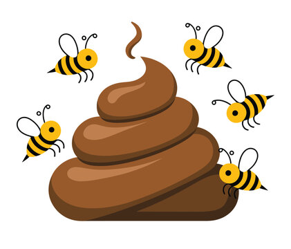 Honey Bees Flying Around Brown Animal Feces, funny insect and poop vector illustration for humor, nature, biology, and educational concepts.