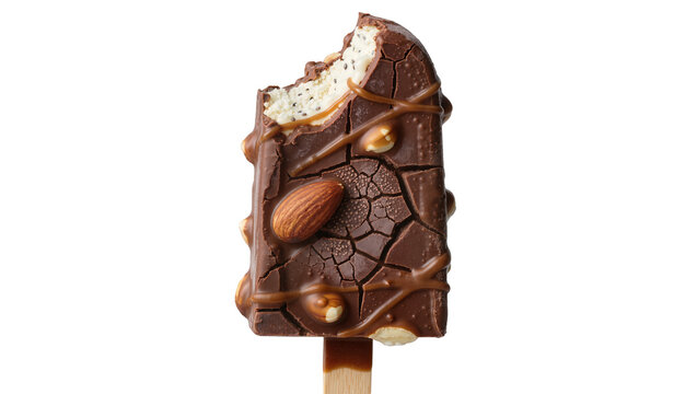 Bitten chocolate ice cream bar with almonds and caramel drizzle, isolated on transparent background