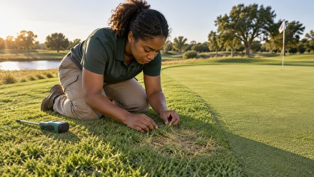 A groundskeeper kneels to inspect pale grass blades at the edge of a golf green while a soil moisture meter rests nearby between field checks