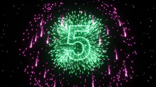 Colorful 10 to 1 countdown with sparkling fireworks on dark background, new year celebration landscape video footage.