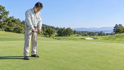 Obraz premium A golf superintendent checks turf with an upright moisture probe on an open putting green overlooking rolling fairways before planning irrigation