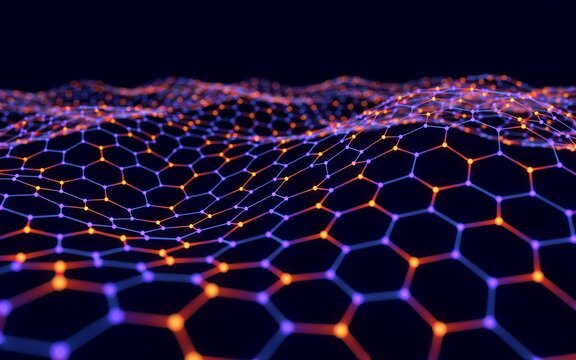 Glowing hexagonal mesh grid with orange and purple nodes on dark background
