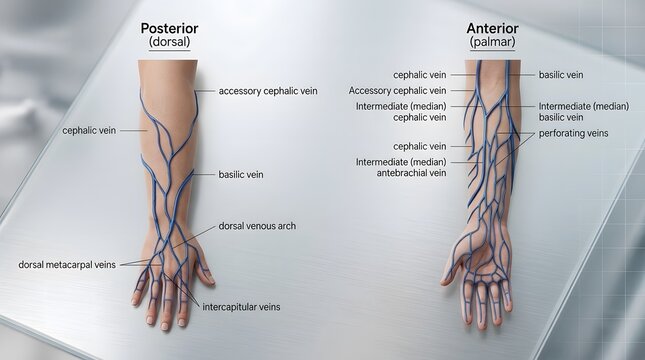 Anatomical diagram of veins in human arm and hand from anterior and posterior perspectives
