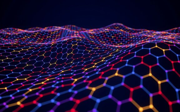 Glowing hexagonal mesh wave on dark background, digital network structure