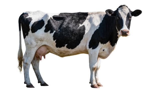 Black and white Holstein Friesian cow standing, isolated on transparent background