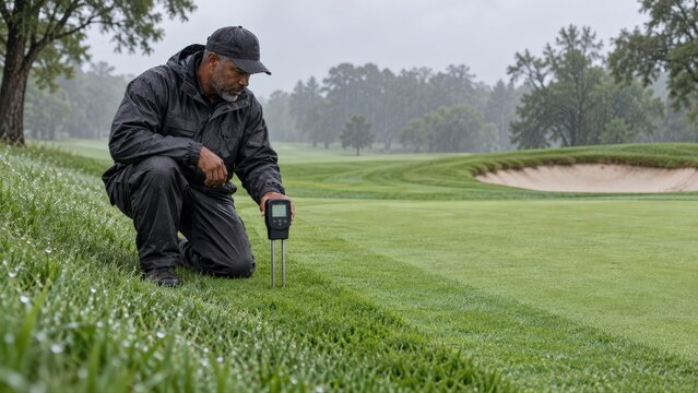 A groundskeeper checks damp golf approach turf with a portable soil moisture probe in rainy conditions before deciding whether more irrigation is needed