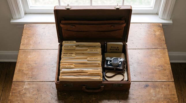 Open vintage leather briefcase on a wooden table neatly organized with manila folders, a classic camera, and field notes.