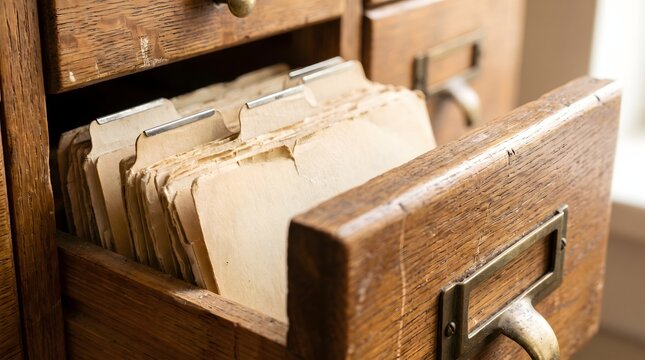 Close-up of an open vintage wooden card catalog drawer filled with aged paper index cards.