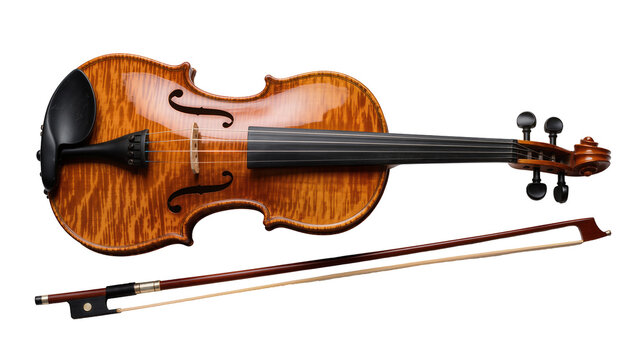 Ornate wooden violin with dark ebony fingerboard and bow, isolated on transparent background