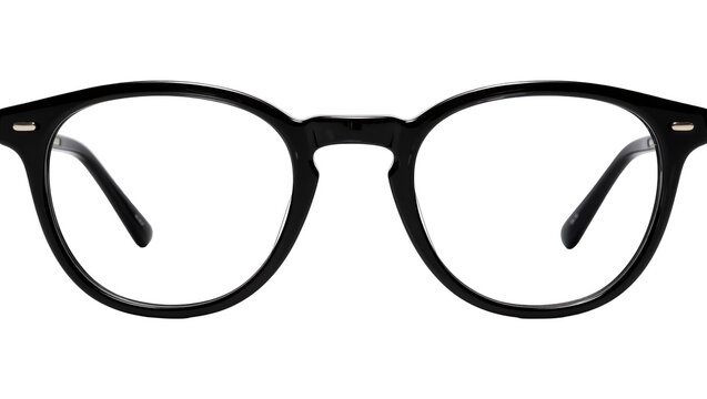 Thick black rimmed round eyeglasses, isolated on transparent background