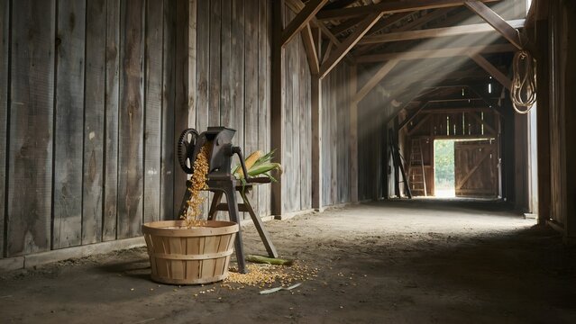 Rustic barn interior with wooden walls and sunlight streaming through open door