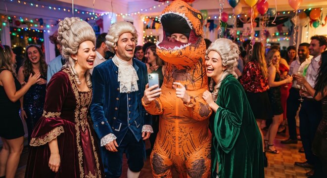 Humorous stock photo of eccentric friends celebrating a party in historical costumes and an inflatable dinosaur suit while looking at a smartphone.
