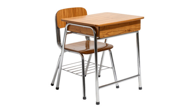 Wooden school desk with metal frame and matching chair, isolated on transparent background