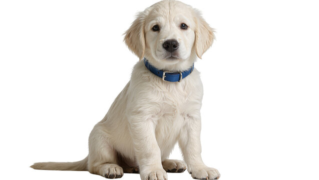 Fluffy cream golden retriever puppy wearing blue collar, isolated on transparent background