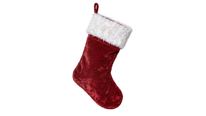 Fototapeta premium Plush red velvet Christmas stocking with white faux fur trim, isolated on transparent background