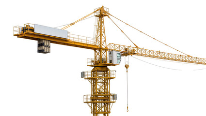 Yellow tower crane with counterweights and hook, isolated on transparent background © Corotaev