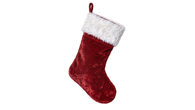 Plush red velvet Christmas stocking with white faux fur trim, isolated on transparent background