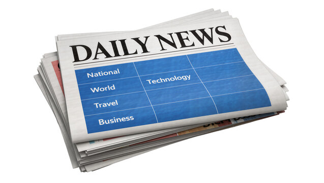 Stack of Daily News newspapers with sections like National World Travel Business and Technology, isolated on transparent background
