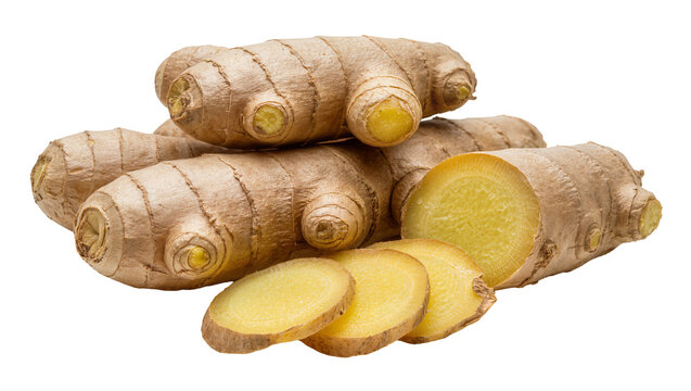 Raw ginger root pieces and slices, isolated on transparent background
