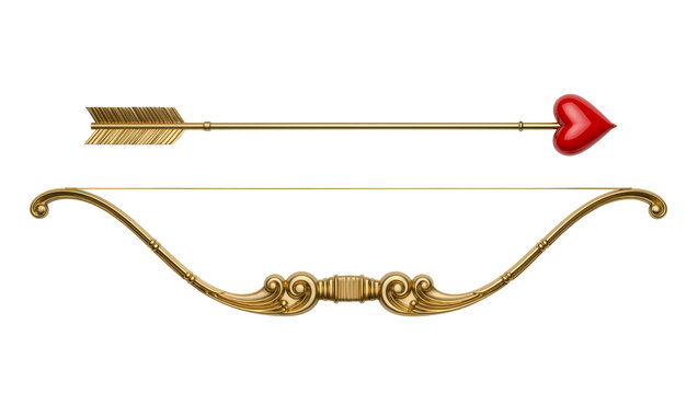 Golden ornate bow and arrow with red heart tip, isolated on transparent background