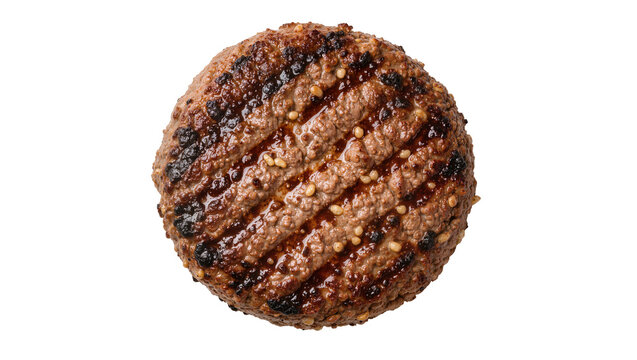 Juicy grilled beef burger patty with grill marks, isolated on transparent background