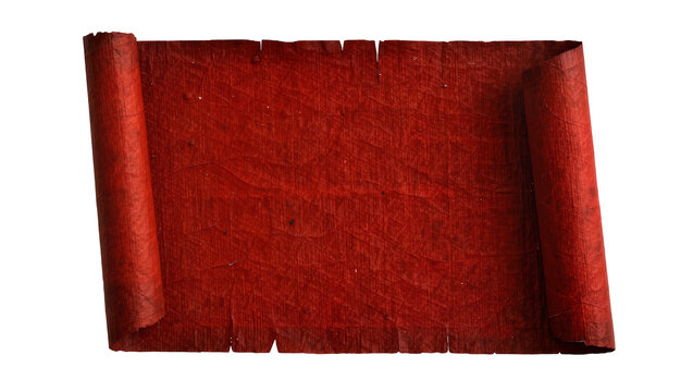 Torn red parchment scroll with rolled ends, isolated on transparent background