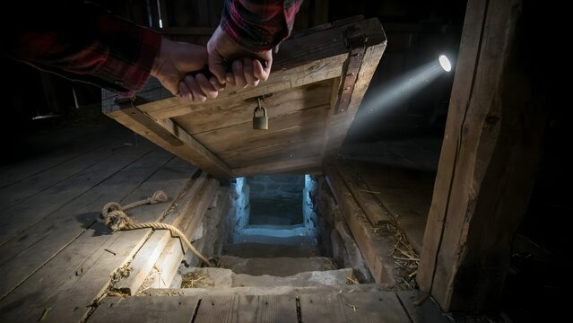 Adventurous Exploration of Underground Wooden Cellar with Handheld Light