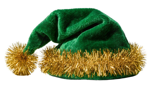 Green plush elf hat with gold tinsel trim and pompom, isolated on transparent background