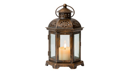 Ornate bronze lantern with lit candle inside, isolated on transparent background © Aliona