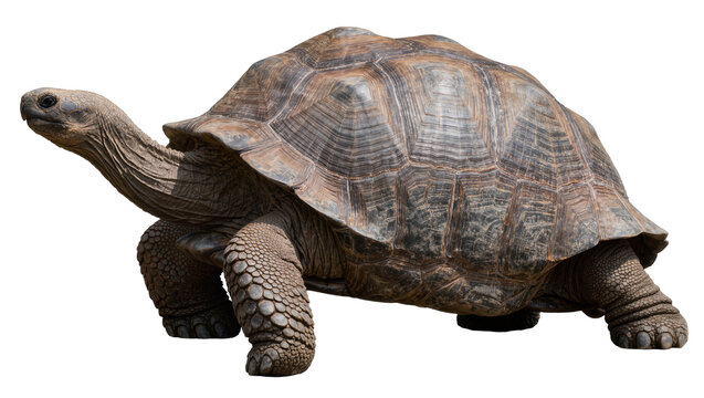 Giant tortoise with textured shell and scaly skin, isolated on transparent background