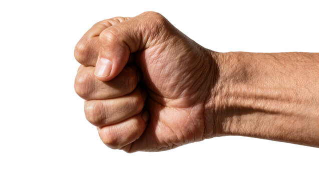 Elderly man s clenched fist showing wrinkles and veins, isolated on transparent background