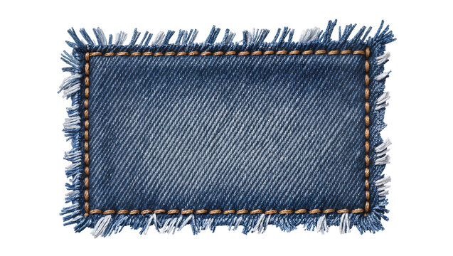 Rectangular blue denim patch with frayed edges and stitching, isolated on transparent background
