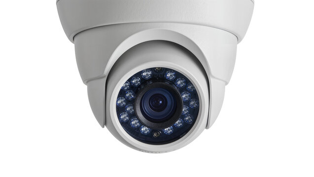 White dome security camera with infrared LEDs, isolated on transparent background