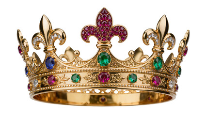Ornate golden crown with ruby emerald sapphire and diamond jewels, isolated on transparent background © Corotaev