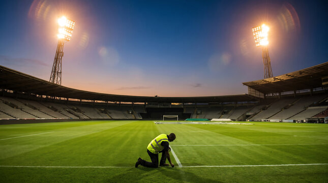 Grounds crew member inspects a floodlit stadium touchline ahead of a match