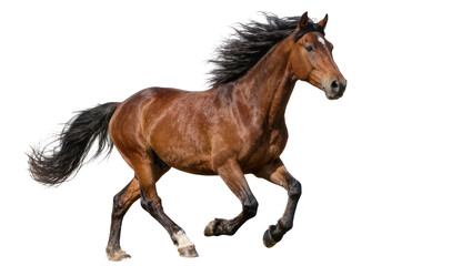 Brown horse with flowing mane and tail galloping powerfully, isolated on transparent background © Corotaev