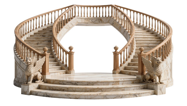 Grand marble spiral staircase with wooden balustrade and griffins, isolated on transparent background