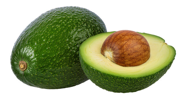 Whole and halved green avocado with large brown seed, isolated on transparent background