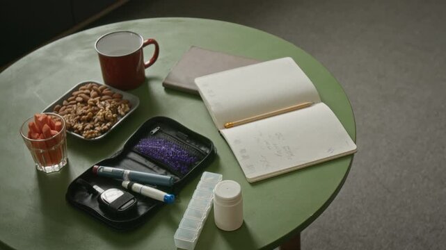 Diabetic kit with glucometer, insulin pens, pill box, diary, and healthy snacks resting on table in high angle shot. Clip suits diabetes awareness campaigns and healthcare educational projects