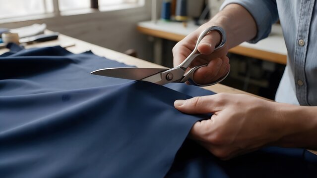 Tailor cutting blue fabric with metal scissors