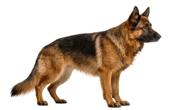 Alert German Shepherd dog standing, isolated on transparent background