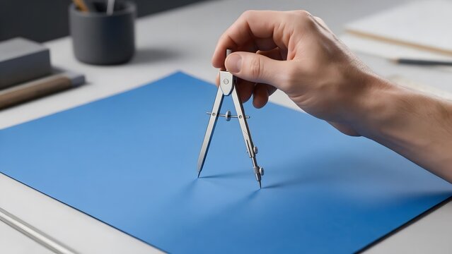 Architect using compass on blue drafting paper