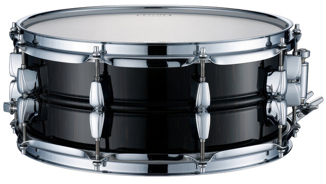 Glossy black snare drum with chrome hardware, isolated on transparent background